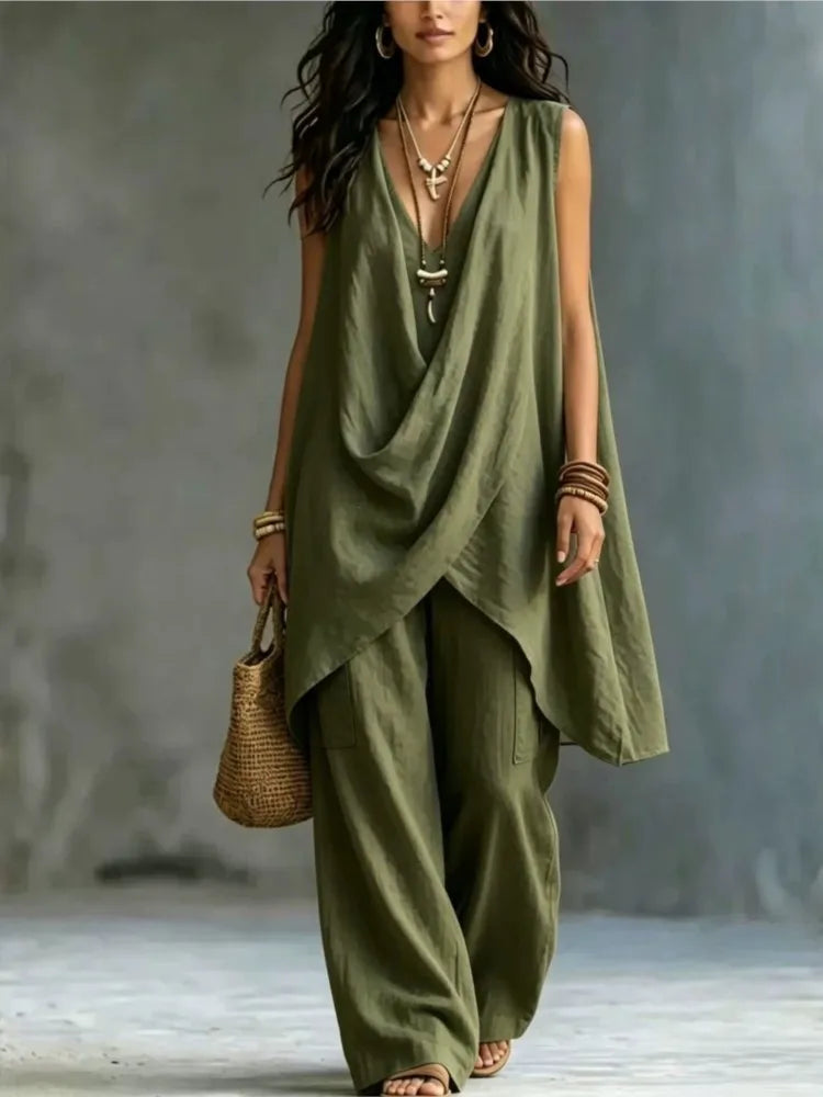 Women's Fashion Cotton Linen Irregular Sleeveless Long Tops 2-piece Set Spring Summer New Casual Wide-leg Trousers Female Suit