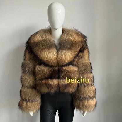 BEIZIRU Women's Real Raccoon Fur Coat Winter Long Sleeve Hooded Jacket with Turndown Collar Natural Luxury Thick Top