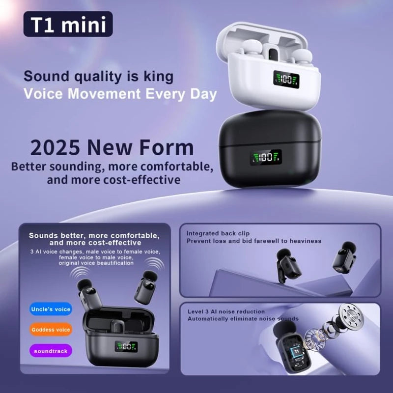 Mini Wireless Lavalier Microphone, compatible with Android and iPhone, exceptional sound quality, AI-powered noise cancellation, voice converter, 30-hour battery life, comes with a charging case, ideal for video recording, po
