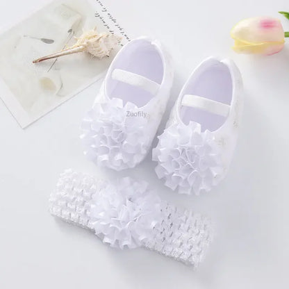 Spring Infant Baby Girl Shoes Newborn Lace Flowers Headband Anti-Slip Soft Sole First Walkers Toddler Kids Cotton Baptism Shoes