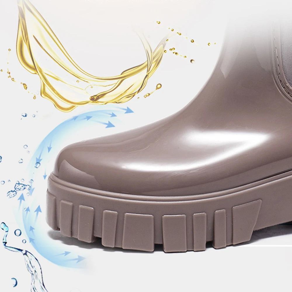 PVC Fashion Rain Boots Shoes For Women Solid Anti-slip Wear-resistant Thick Soled Shoes Low Cut High Top Round Toe Waterproof Water Shoes