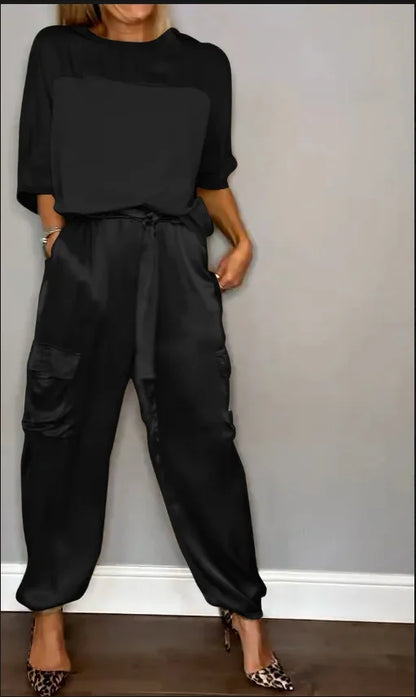 Elegant Satin Two Piece Set Women Outfits Spring Summer Casual Solid O Neck Shirt Long Pants Tracksuit Fashion Female Loose Suit