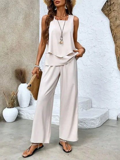 Summer Print Women Two Piece Set Fashion Top Sleevelss Elegant Suits Casual Office New Holiday Suit 2 Piece Set