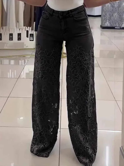 High Waist Wide Leg Jeans Pants Summer Fashionable Lace Splicing Hollow Out Denim Draping Jeans Ladies Cotton Zipper Spring