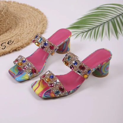 Large Size High Heel Slippers Women's Summer New Candy Color Rhinestone Sandals Flat Buckle Slippers PU Leather Rubber Sole