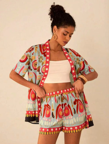 Summer Women's Suit With Shorts Printed Crop Top Short Pants Blue Patterned Set Green Floral Casual Shorts