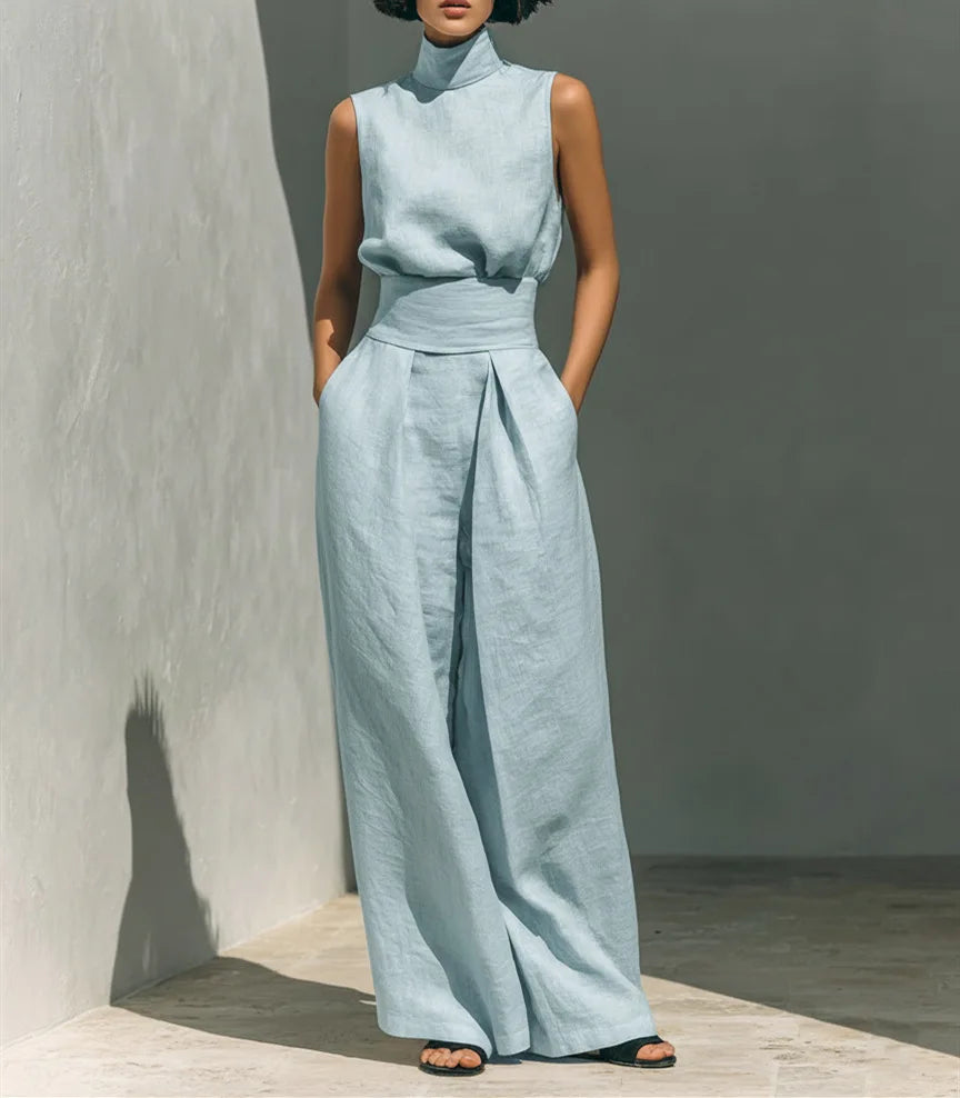 casual Solid Cotton Linen two-piece set for Women Sleeveless Turtleneck Top +High Waist Pants Set New Summer Button Loose Outfit