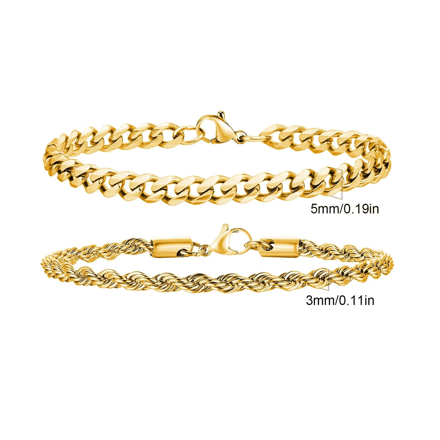2pcs Men's Chain Bracelets, Stainless Steel Silver Gold Black Color