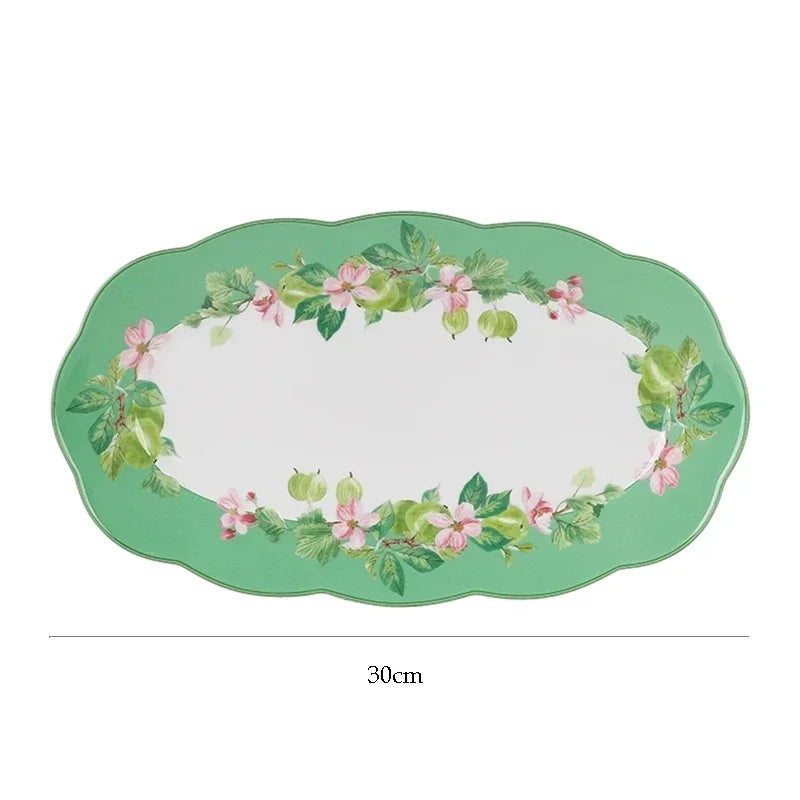 Ceramic Plate Household Bone China Dinner Plate Set Vintage Green Flower Dishes Tableware Oval Large Tray Dinnerware Sets