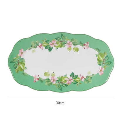 Ceramic Plate Household Bone China Dinner Plate Set Vintage Green Flower Dishes Tableware Oval Large Tray Dinnerware Sets