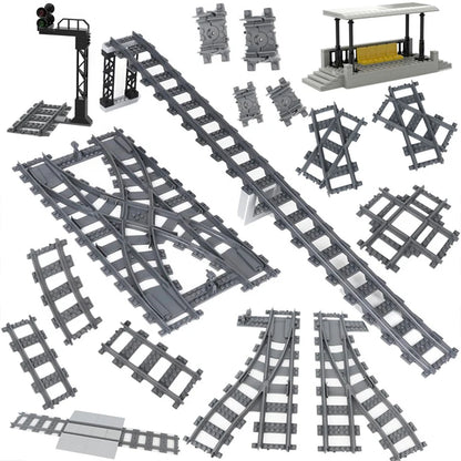 City Trains Railway Flexible Tracks Forked Straight Curved Rails Switch Kids DIY Building Block Bricks Track Toys For Children