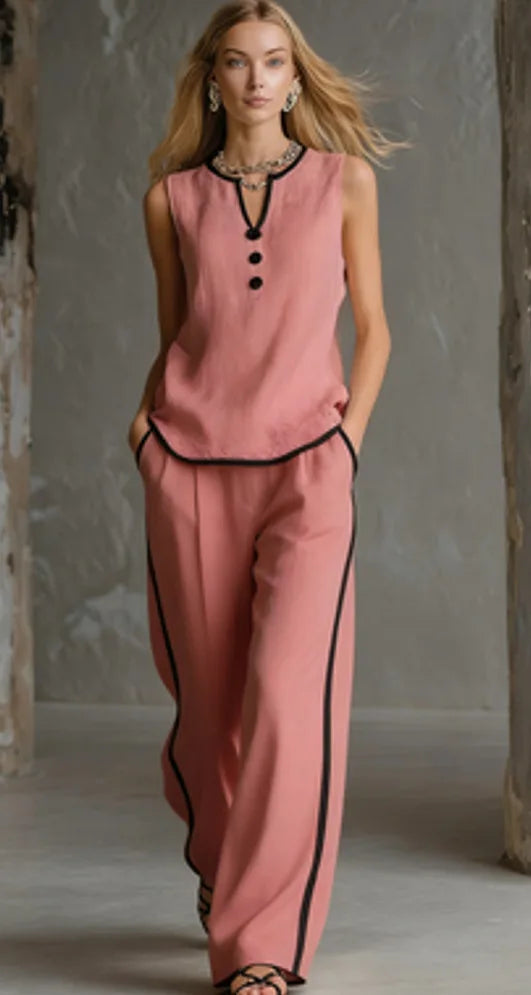 Casual Women Color Blocking Loose Sleeveless Button Vest Elastic Waist Wide-leg Pants Two Peice Set Summer V-Neck Ladies Outfit