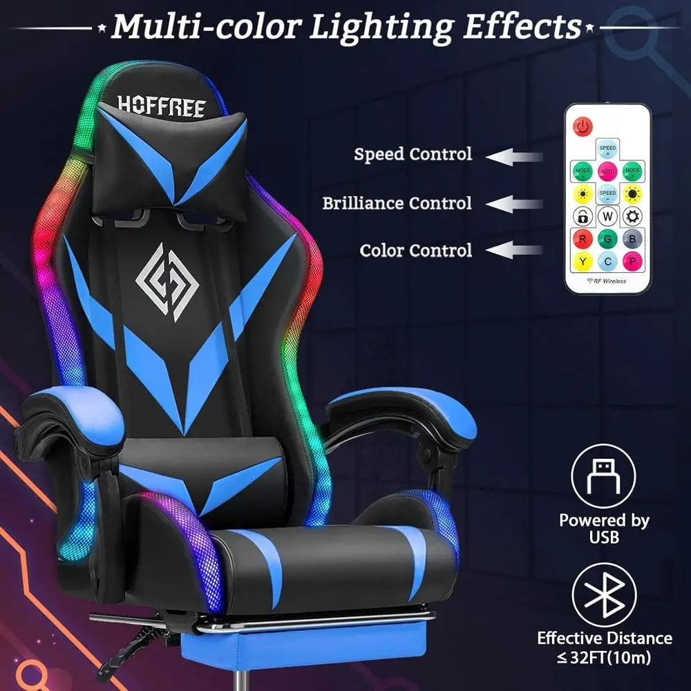 RGB Gaming Chair with Massage and LED Lights Ergonomic High Back Racing Style Reclining Computer Chair with ootrest Lumbar Suppo