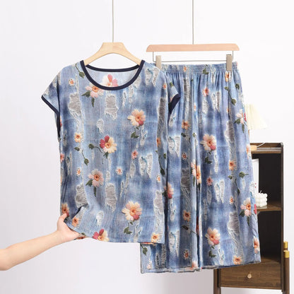 XL to 6XL Plus size Summer Pajamas set short sleeve Tshirt and Capri Pants Floral Print Loose homewear suits comfort sleepwear