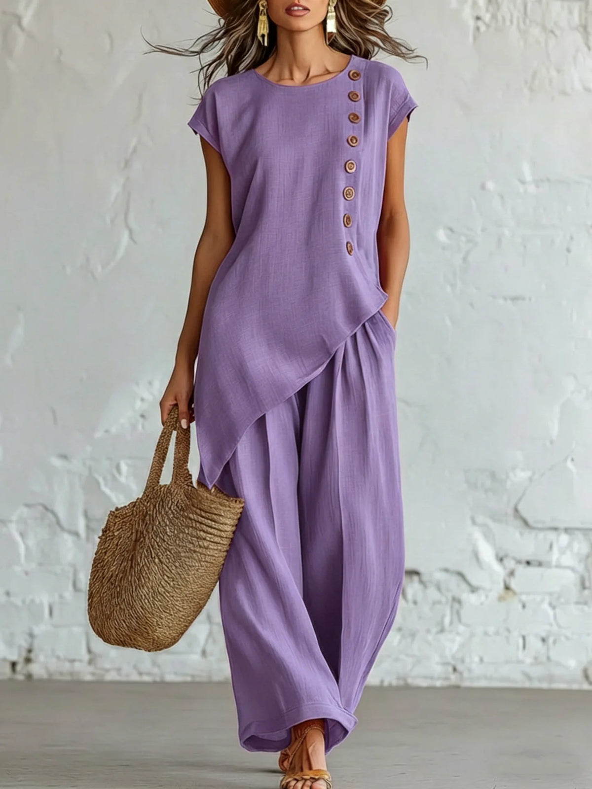 Women 2 Piece Set Elastic Waist Pocket Button Decorate Wide Leg