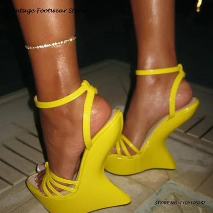 Candy Color Platform Strappy Sandals Novelty Round Open Toe Wedges High Heels Summer Women's Buckle Strap Party Prom Dress Shoes