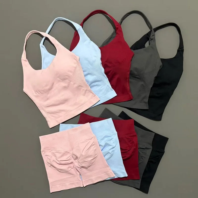 2 Pieces Shorts Yoga Set Women Backless Halter Tops High Waist Seamless Shorts Gym Suit Fitness Sportswear Workout Sets