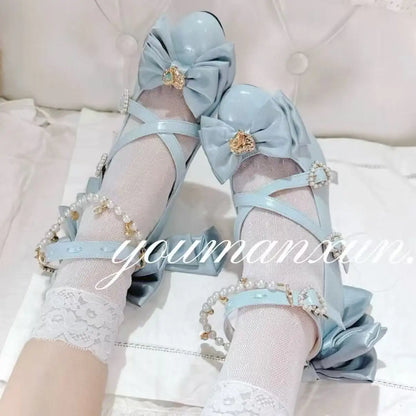 Lovely Girls Pink Lolita Butterfly Knot High Heels Platform Shoes for Women Cute Sakura Dress Mary Janes Beige Size 34-42