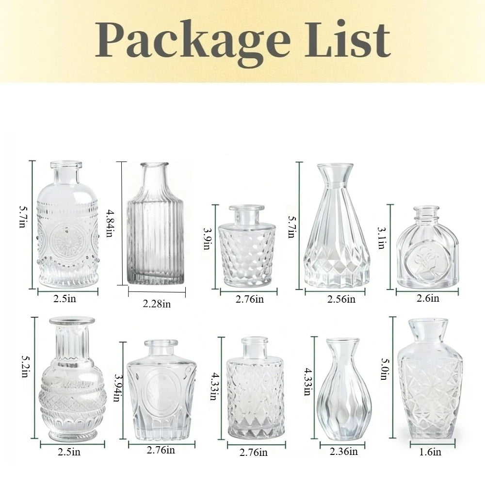 10/20Pcs Mini Glass Vase Modern Clear Hydroponic Flower Vase Retro Relief European Home Desktop Scene Wedding Party Decoration
