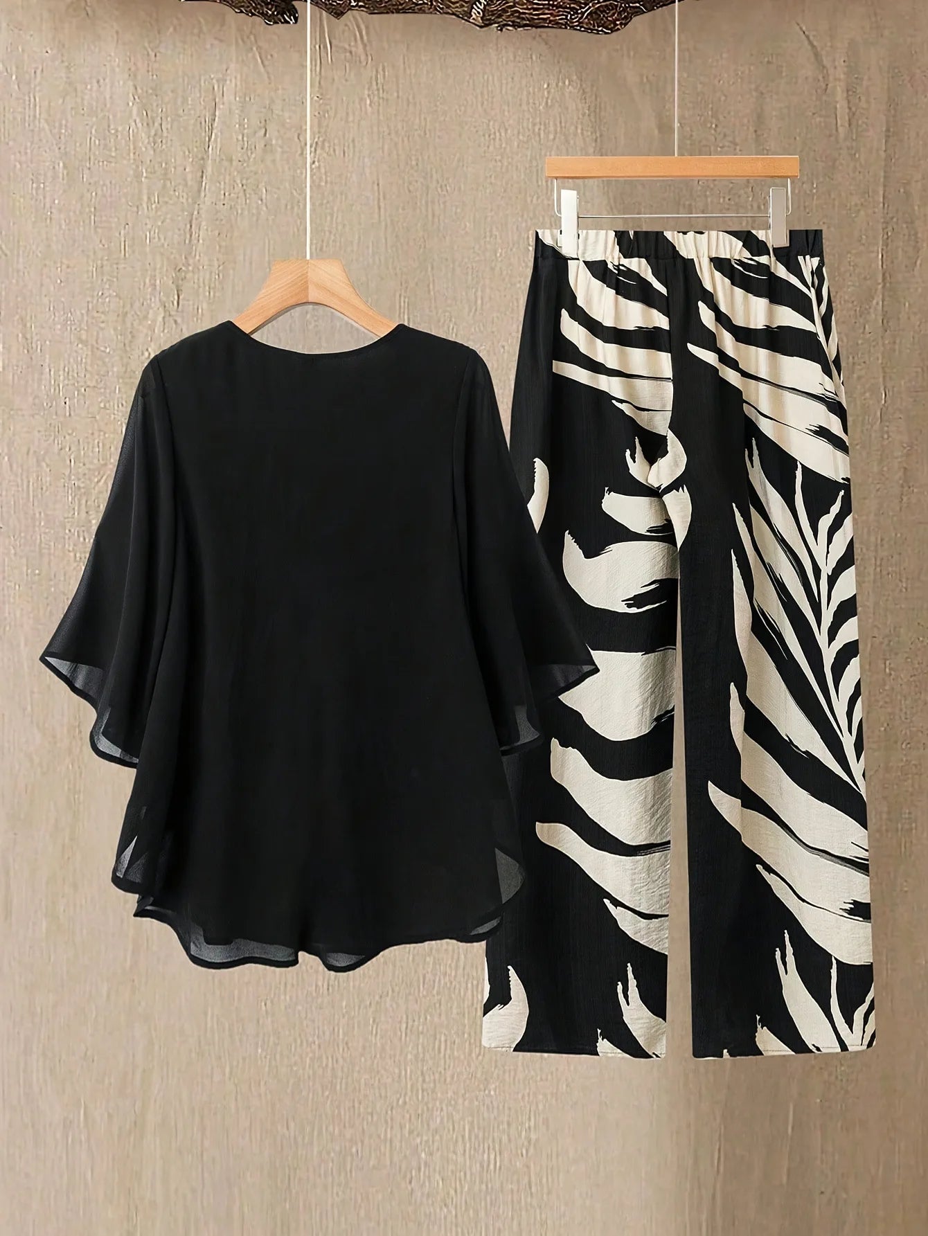 Lady Colorful O Neck Loose Suit Casual Chiffon Set Three Quarter Sleeve Top Wide Leg Pants Women Outfit Comfortable 2 Piece Sets