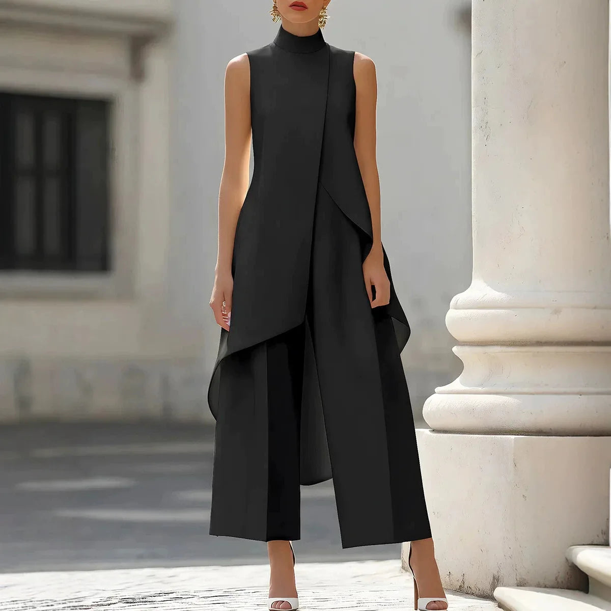 Women High Neck Sleeveless Asymmetric Tunic Wide Leg Pants Set Elegant Formal Business Office Two Piece Outfit