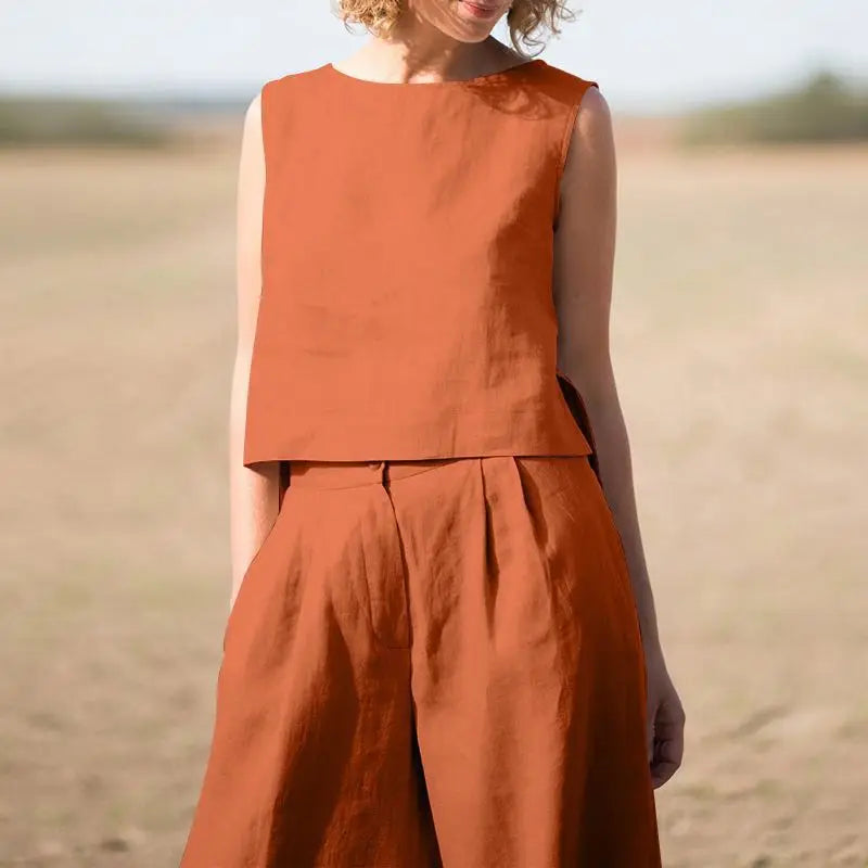 Summer Cotton And Linen Casual Outfits Female Fashion Solid Color Two-piece Set For Women Sleeveless Top Trousers Women's Suit
