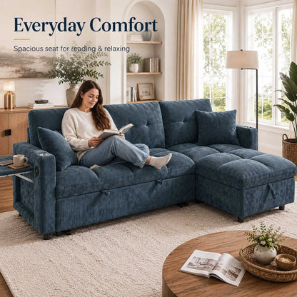 81.8" L-Shaped Sleeper Sofa with Pull Out Bed, Convertible Sectional Couch with Storage Chaise, USB/Type-C Charging and Cup Holders, Plush Chenille Modular Sofa for Living Room, Blue