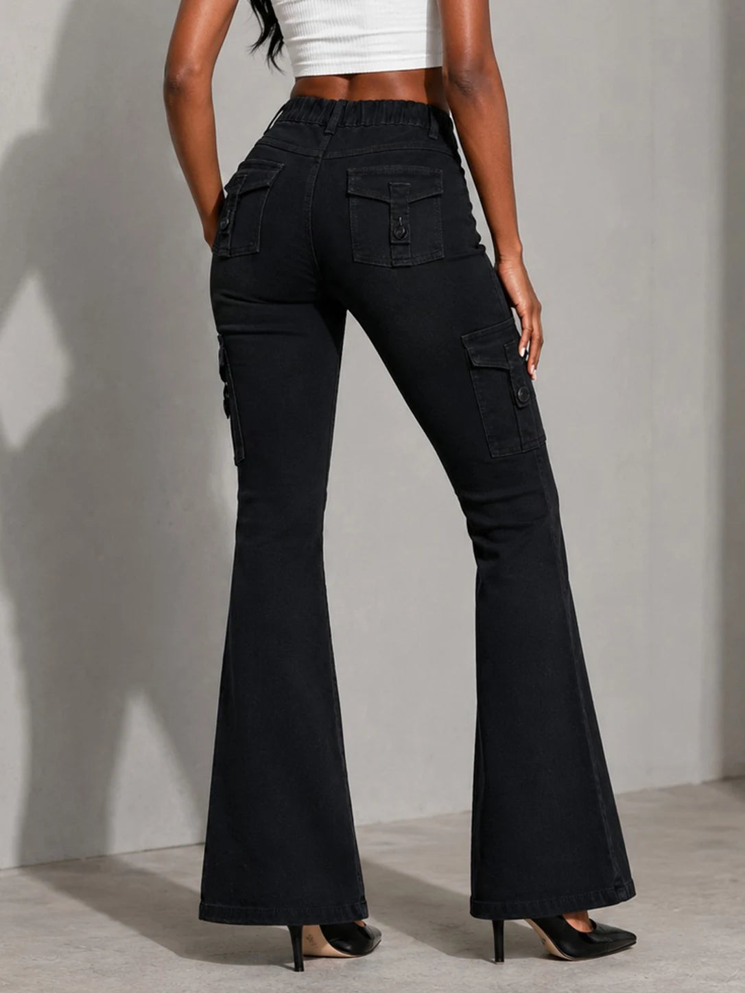 Women's High-quality Stretch Vintage Washed Cargo Flare Jeans, Y2K Style, Casual and Versatile, Suitable for All Seasons