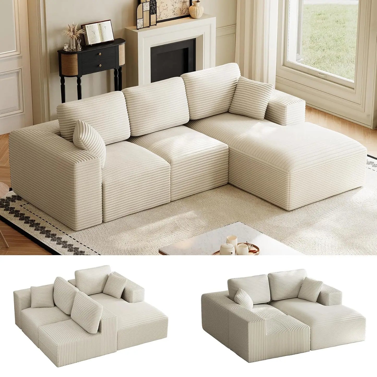 109" L-Shaped Cloud Boneless Couch Sofa with Chaise, Black, Custom