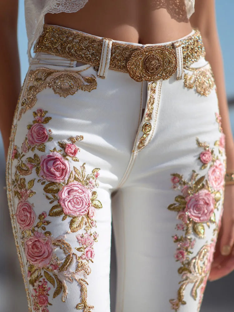 Floral Print Straight Leg Jeans for Women Fashion Denim Pants European