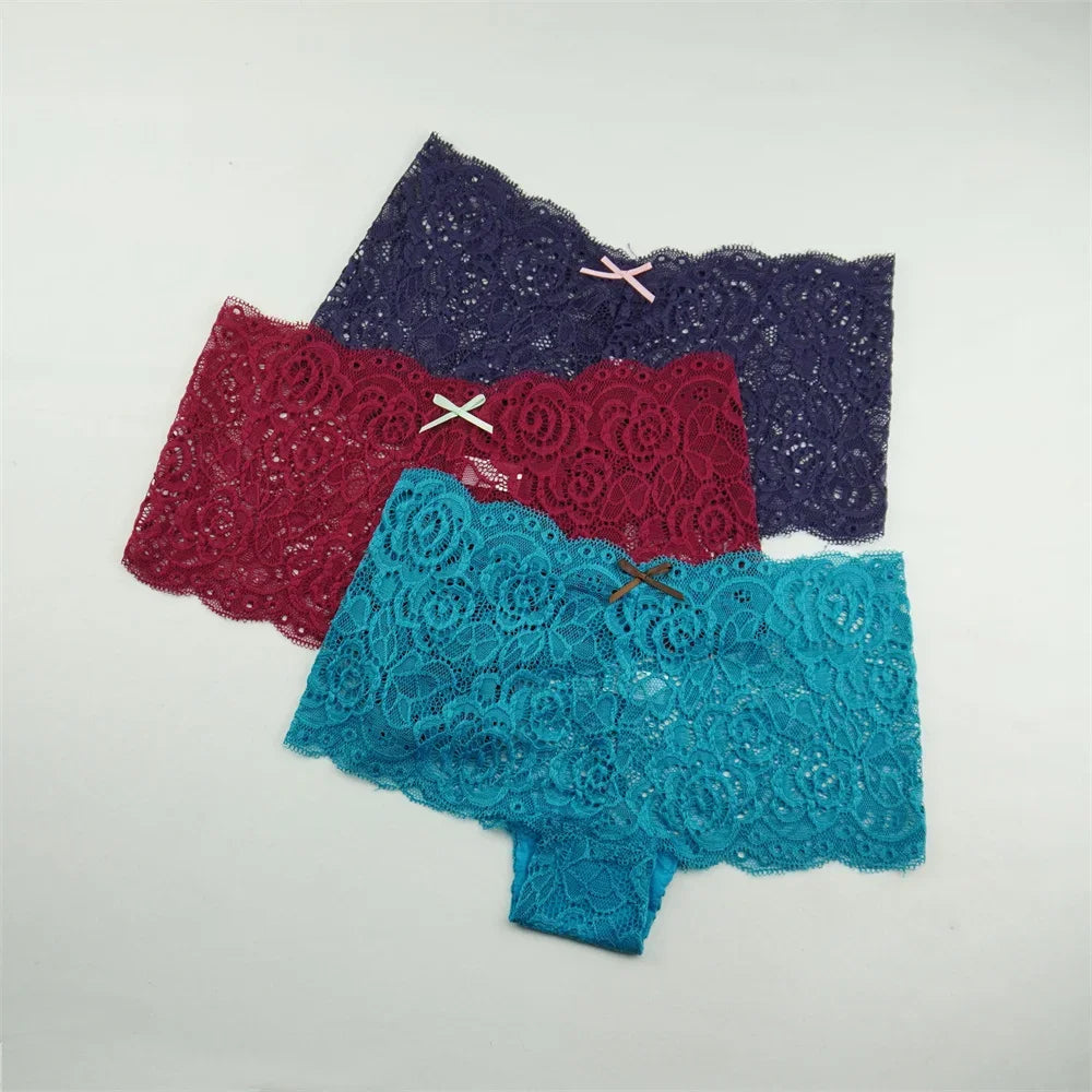 3PCS Transparent Boyshorts Women Underwear Lace Boxers Ladies Plus Size M-XXL Hollow Out Floral Panties Femme Intimates