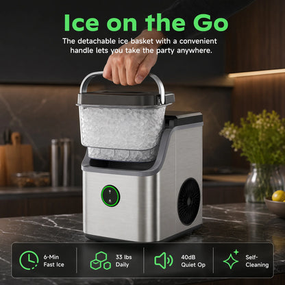 Nugget Ice Maker Countertop, Ice Basket with Handle, Quiet Operation & Self Cleaning Ice Machine, Chewable Ice, 33 Lbs/24H, Portable Pellet Ice Maker with Scoop for Home, Kitchen and Office