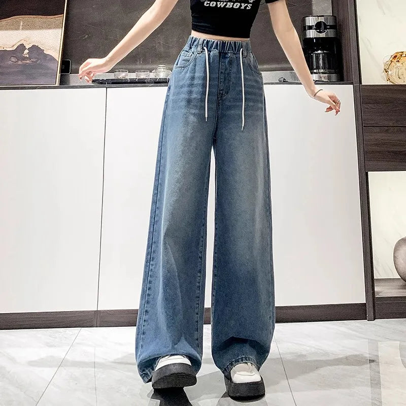 Loose Fit High Waist Wide Leg Jeans Women plus Size Light Blue Elastic Waist Dstring Trousers Autumn Faion plus Size