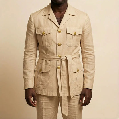 Mens Off White Linen Safari Suits 2 Piece Notched Lapel Prom Suit with Belt Gold Buttons Multi Pockets Beach Summer Wedding