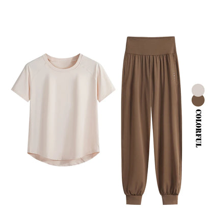 DRUR S-4XL Yoga Set Women Sport Shirts Gym Pants Set 2 Piece Short Fitness Tops Sweatpants Suit Female Summer Sportswear Outfit