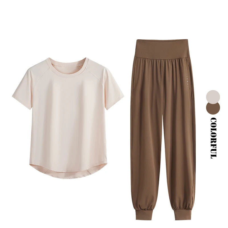 DRUR S-4XL Yoga Set Women Sport Shirts Gym Pants Set 2 Piece Short Fitness Tops Sweatpants Suit Female Summer Sportswear Outfit