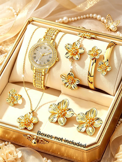 Ladies round Shell Embedded Quartz Watch Set with Floral Bracelet Necklace Ring Bracelet Earring - Festive Gift