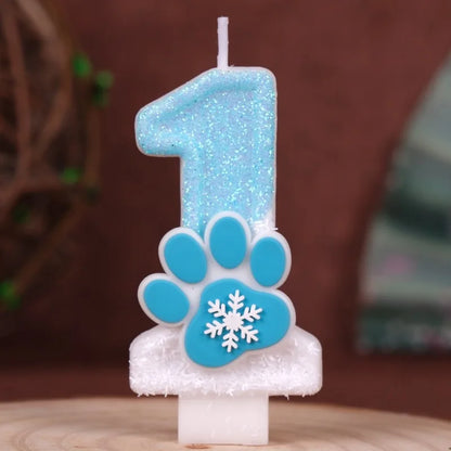 Cat Paw Theme 0‑9 Number Birthday Candle Blue White Glitter Cake Topper With Snowflake Cat Paw Ornament Cake Decoration Supplies