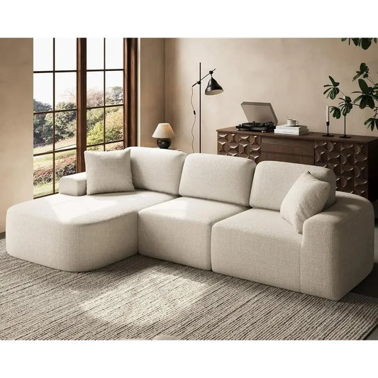 L-Shaped Sectional Sofa with Chaise, No Assembly, Ivory Beige Bouclé-Style Upholstery for Living Room