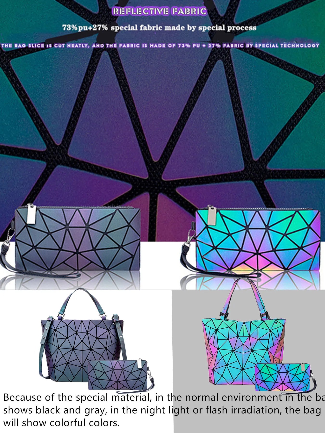 1pcs 2pcs 3pcs Women's Fashion Messenger Bags Laser Luminous Rhombus Folding Shoulder Bag Cool Tote + Rectangle Zipper Wallet