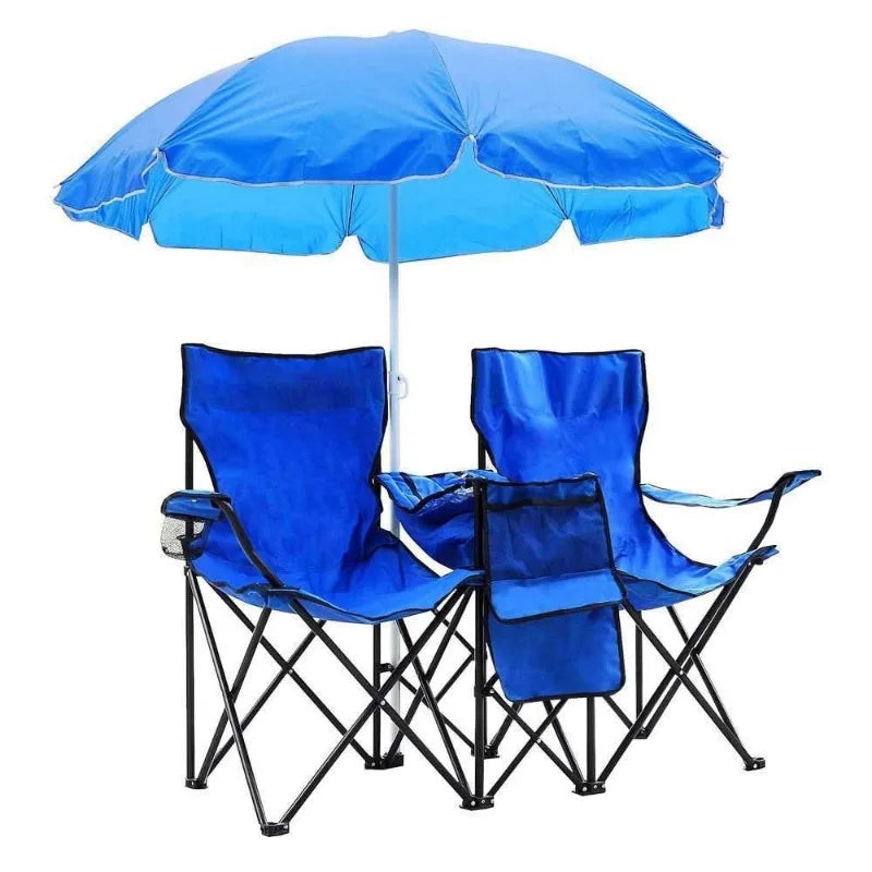 Camping Furnishings Folding Camping Outdoor Picnic Double Chair with Umbrella Table Cooler Beach New