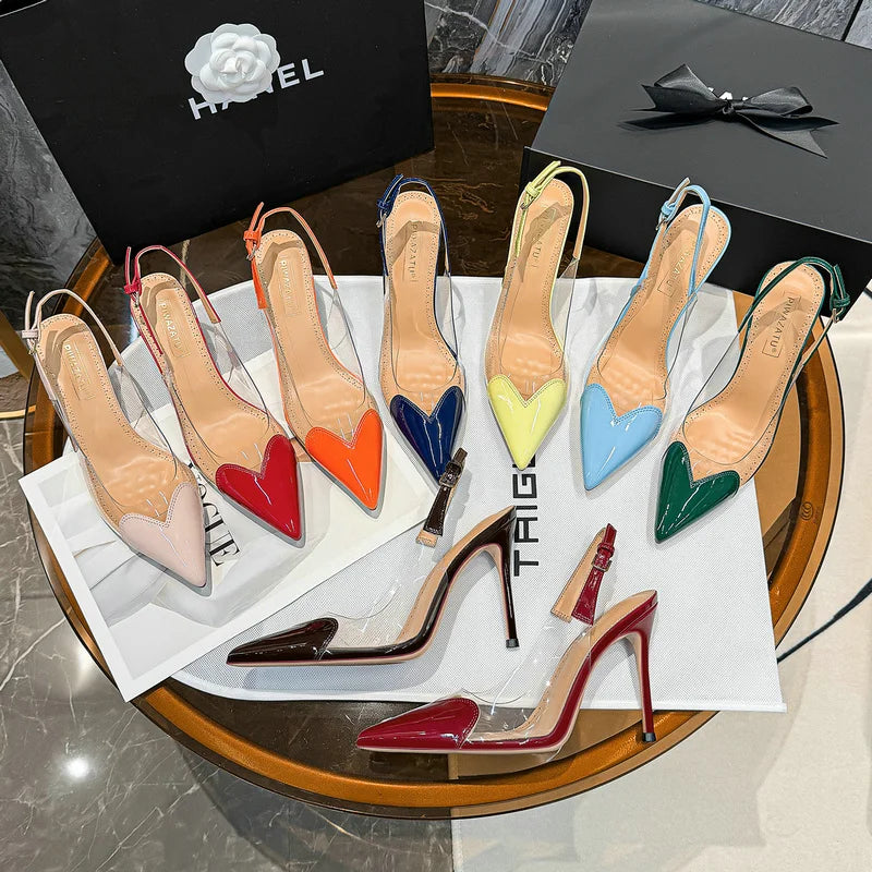 2026 Summer New Fairy-style Heart-shaped Pointed Toe Thin Heel Sandals for Women Transparent Patchwork Headpiece Back High Heels