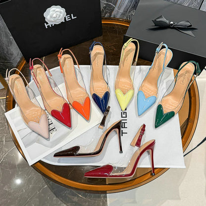 2026 Summer New Fairy-style Heart-shaped Pointed Toe Thin Heel Sandals for Women Transparent Patchwork Headpiece Back High Heels