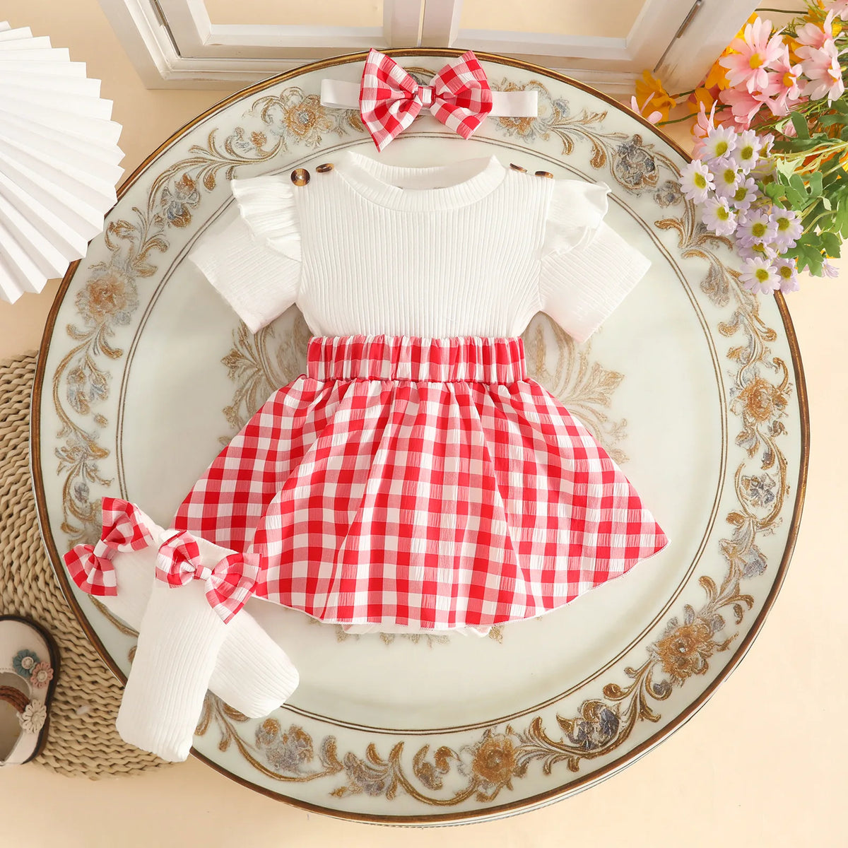 Baby Girl Bodysuit Dresses Short Sleeve Heart Shape Bow Romper Infants Onesies With Socks Headband 3pcs Sets For Newborn Girls
