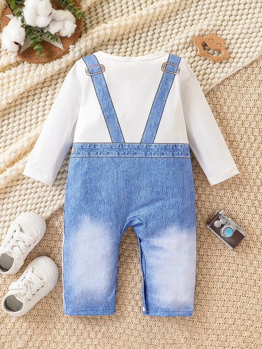Spring Autumn Baby Boys 1-6M Faux Denim Overalls Print Long Sleeve Onesie Newborn Casual Daily Romper