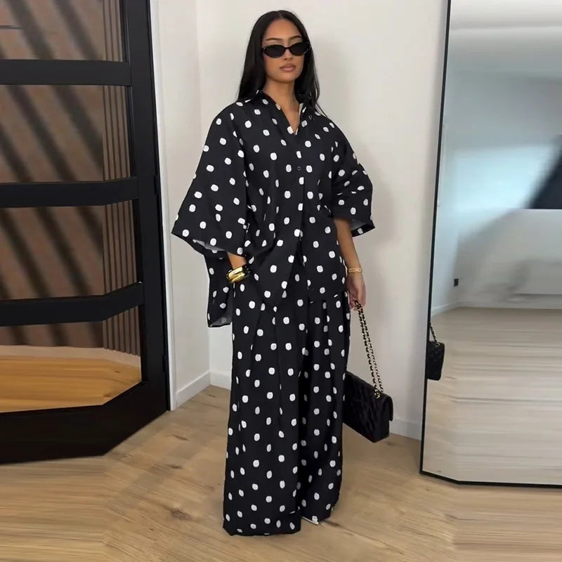 2026 Autumn Summer Polka Dot Shirt Pants Women Set Elegant Lapel Three Quarter Top Wide Leg Trousers Vacation Lady Outfit Suits