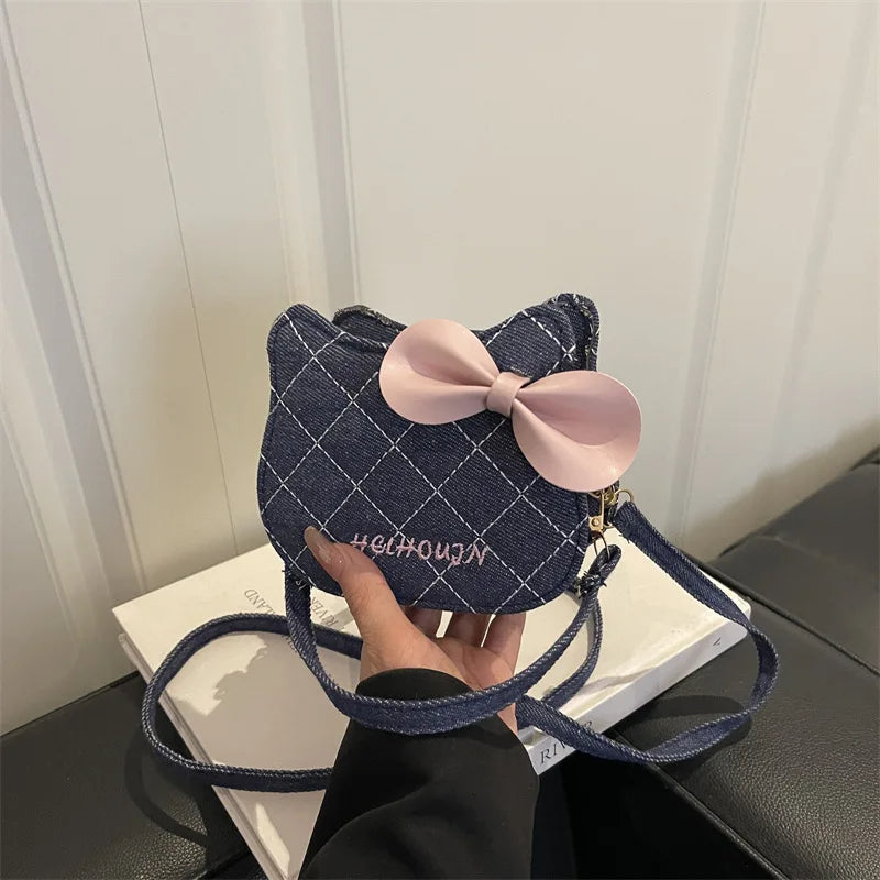 Lovely Cat Pattern Women Handbag Fashion Rhombus Grid Shoulder Bag Sweet Bowknot Crossbody Bag
