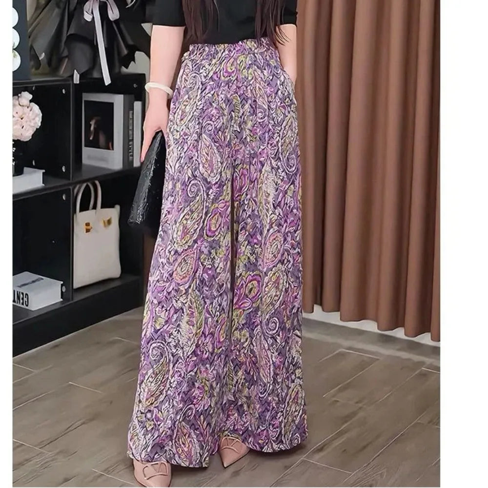 2025  High Waist Summer New Style Printing Pocket Sunscreen Ice Silk Pants Fashion Loose Temperament Wide Leg Straight Trousers