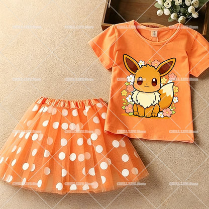 Kawaii Pikachu Eevee T-Shirt Skirt 2pcs Set Pokemon Jigglypuff Toddler Short Sleeve Tee Polka Dot Tutu Skirts Kids Clothes Set