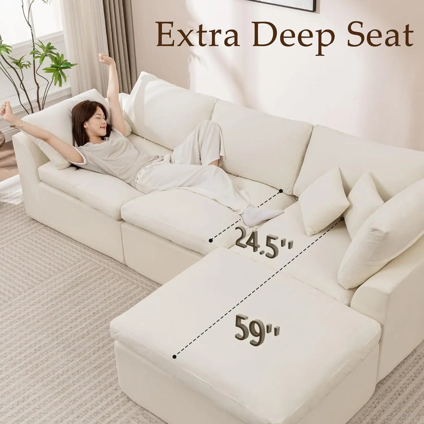 110" Modular Sectional Sofa with Ottoman, Deep Seat Fluffy Chenille L-Shape Couch for Living Room, Beige, Customized